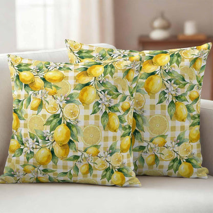 Outdoor Pillow Covers 18x18 Pack of 2, Summer Lemon Country Leaves Decorative Pillow Cover Waterproof Pillowcase, Yellow White Buffalo Check Farmhouse Cushion Covers for Garden Patio Sofa Couch Bench