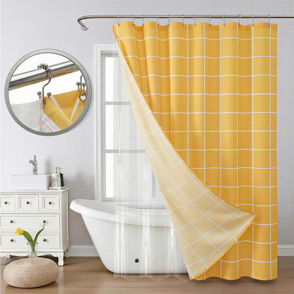 3 in 1 Shower Curtain Set, Checkered Minimalist Shower Curtain and PEVA Liner Sets swith 12 Metal Double Sided Shower Curtain Hooks, White Line Simple Modern Shower Curtain for Bathroom, 72x72, Yellow