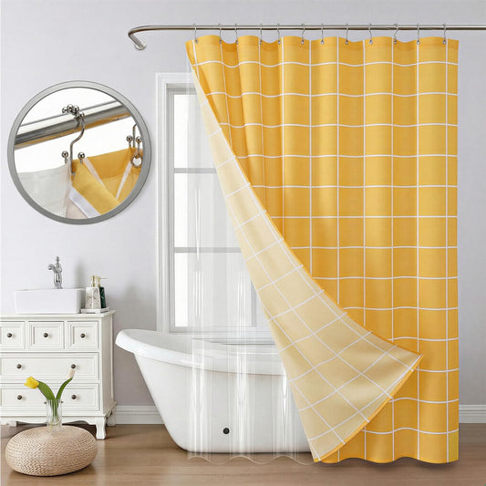 3 in 1 Shower Curtain Set, Checkered Minimalist Shower Curtain and PEVA Liner Sets swith 12 Metal Double Sided Shower Curtain Hooks, White Line Simple Modern Shower Curtain for Bathroom, 72x72, Yellow