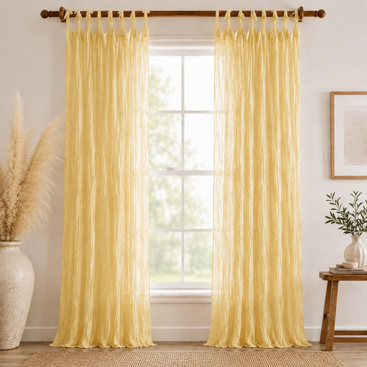 TARAN LIVING Curtains for Living Room 84 Inch Long Solid Sheer Crinkle Panels Gift for Day Decor Door Light Filtering Rod Pocket Boho Curtains for Bedroom - 40"x84" - Set of 2, Yellow
