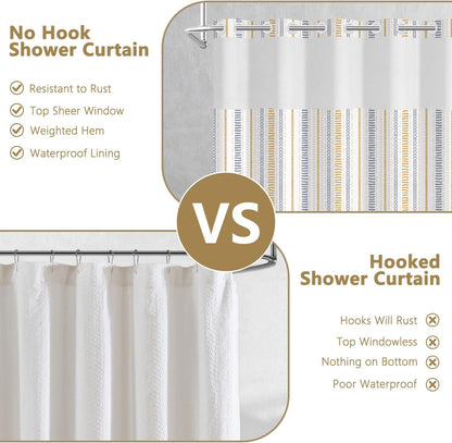 No Hook Geometric Striped Shower Curtain and Liner Set, Waterproof Double Layers Fabric Shower Curtain with Mesh Top Window, Boho Blue and Yellow Minimalist Bathroom Curtains, 71x74 Inches