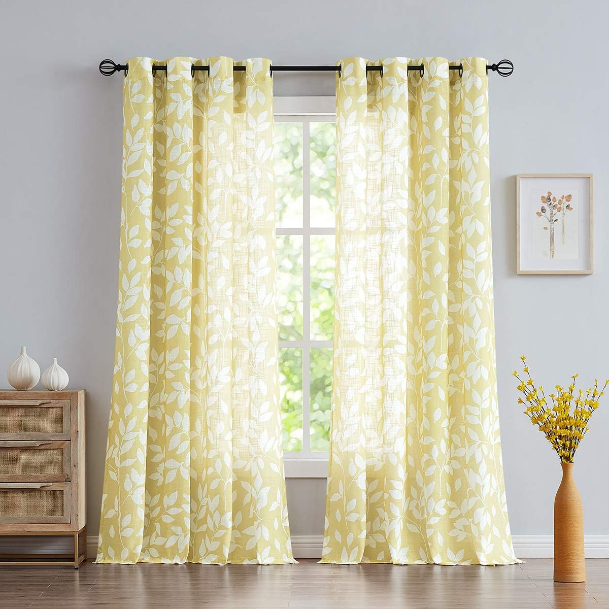 Treatmentex Semi-Sheer Curtains for Living Room Windows 95" Long White and Yellow Leaf Print Curtains for Girl's Room, Bedroom Grommet Top Curtain Panels, Mustard Yellow, 1 Pair