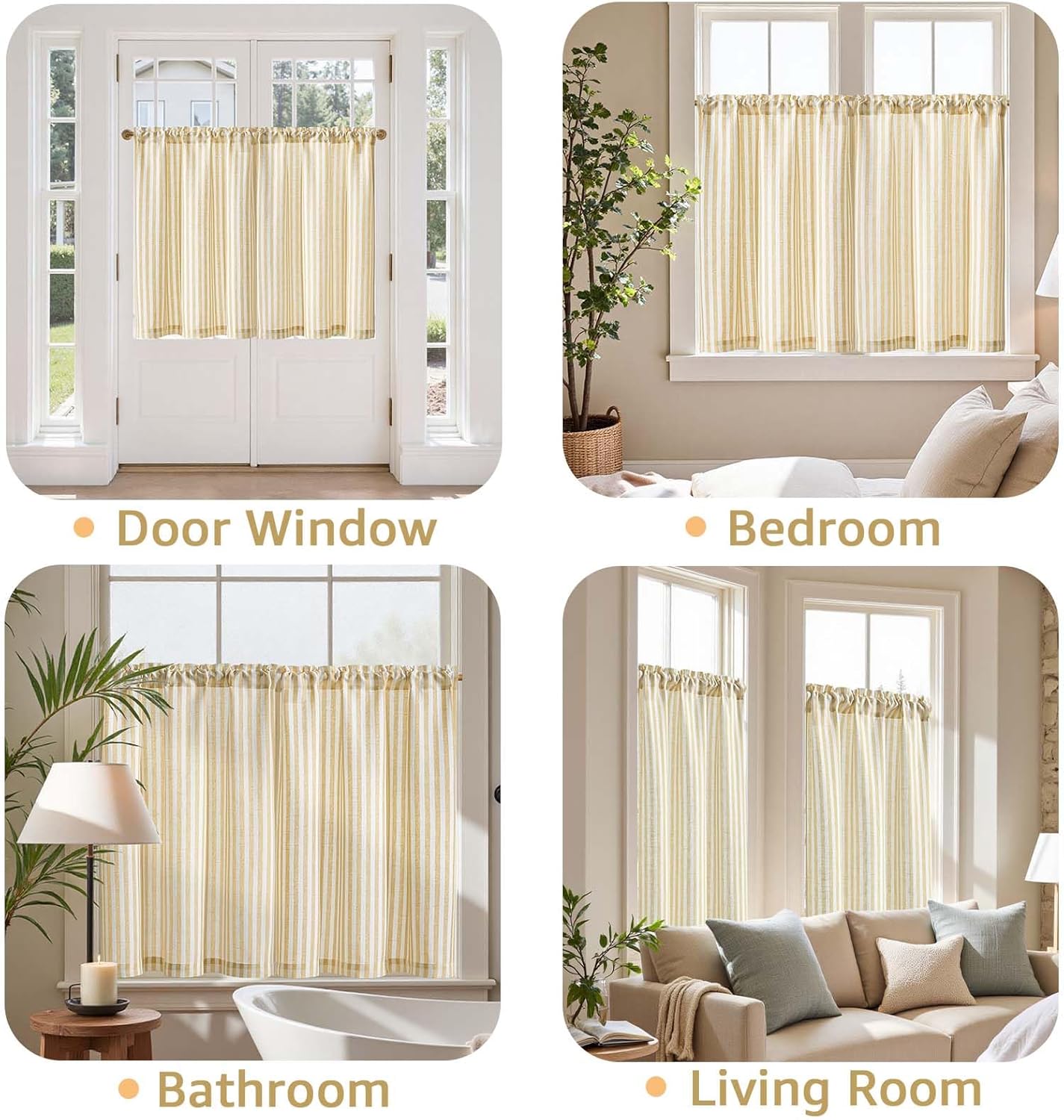 jinchan Striped Linen Kitchen Curtains 36 Inches Tier Curtains Farmhouse Modern Cafe Style Small Window Treatments Airy Light Filtering Rod Pocket for Living Room Bathroom 2 Panels Mustard Yellow