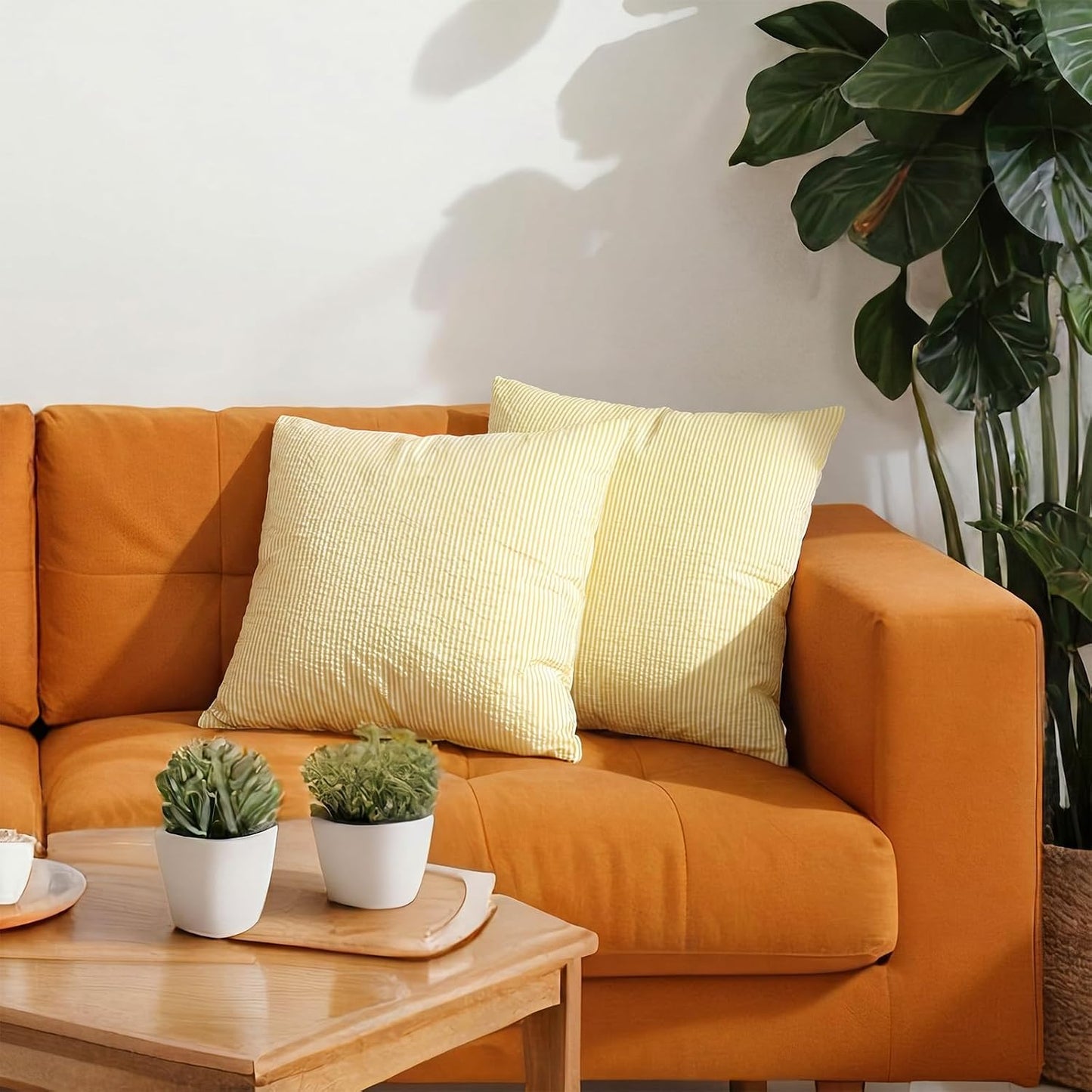 Huhumy Yellow 2 Pack Throw Pillow Cover 18" x 18" for Home Decoration Striped Modern Style Decorative Cushion Covers No Inserts Seersucker Pillow Cover for Outdoor Patio Living Room Chair Bed Couch