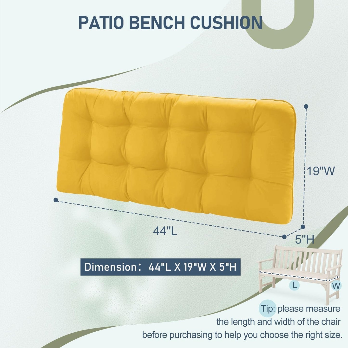 downluxe Outdoor Bench Cushion for Patio Furniture, Water Resistant Tufted Overstuffed Porch Swing Cushions, Thick Outdoor Loveseat Cushions, 44" X 19" X 5", Yellow, Set of 1