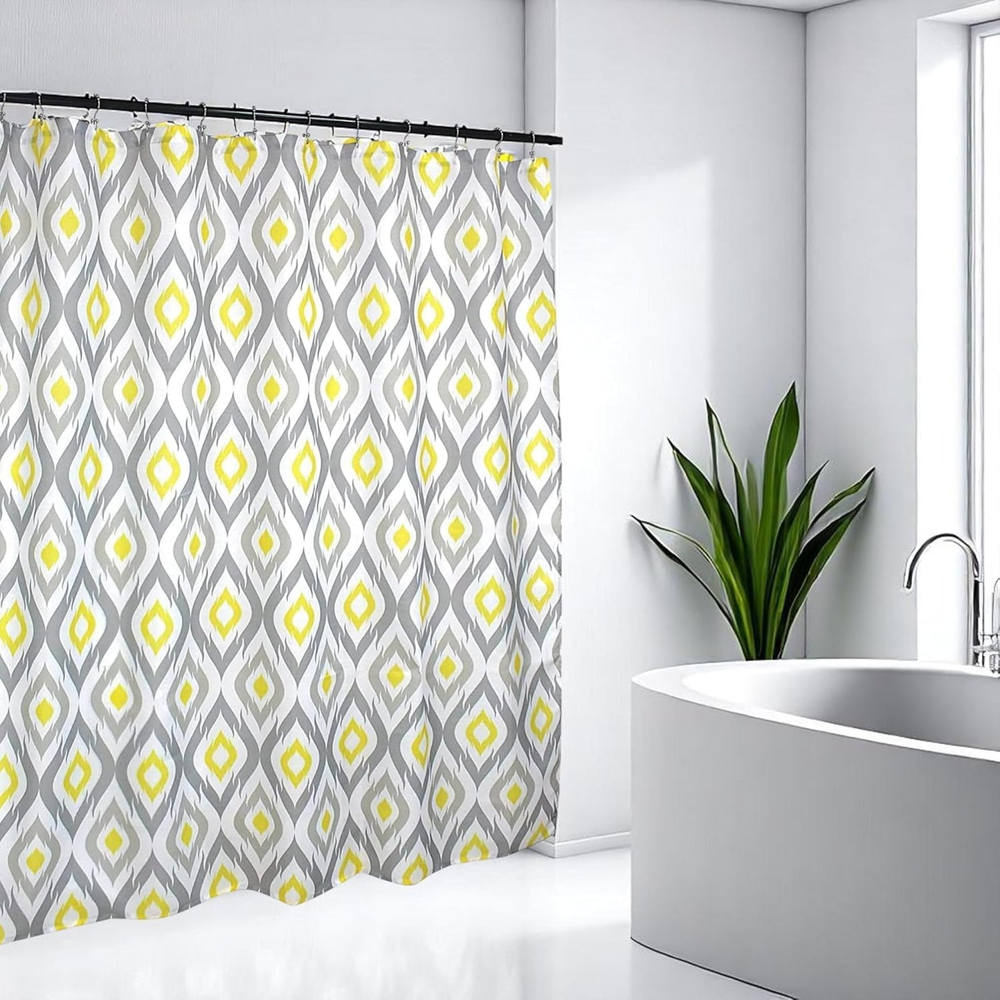 Serafina Home Yellow and White Fabric Shower Curtain for Bathroom: Contemporary Geometric Medallion Design Light Grey Diamond Silhouettes