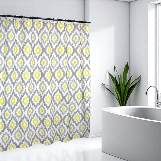 Serafina Home Yellow and White Fabric Shower Curtain for Bathroom: Contemporary Geometric Medallion Design Light Grey Diamond Silhouettes
