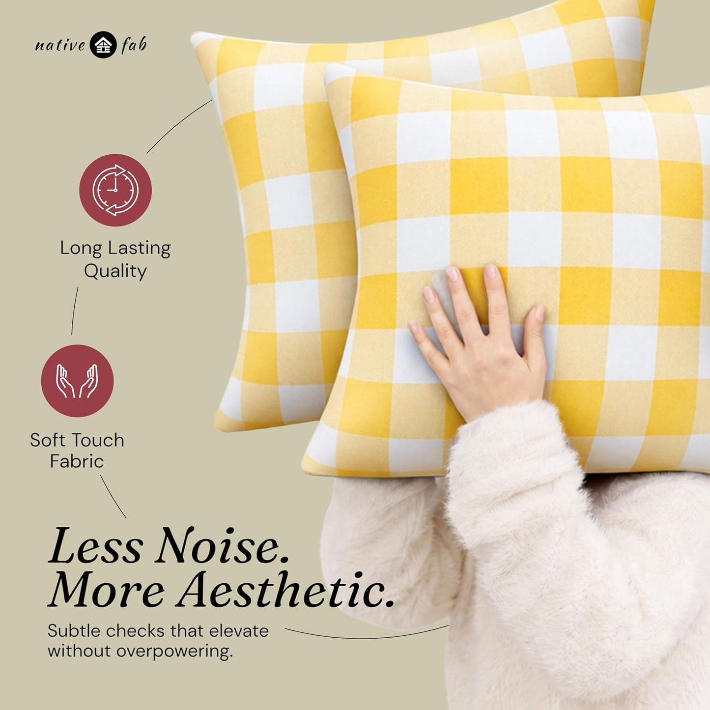 Native Fab Premium Throw Pillow Covers 2 Pack, 18x18 Inches, 100% Cotton, Vibrant Buffalo Plaid, Summer Check Cushion Cases, Bright Farmhouse Accent for Living Room, Outdoor, Lemon Yellow & White