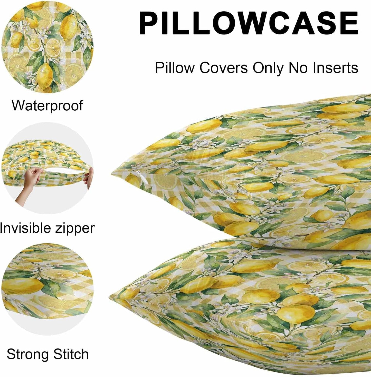 Outdoor Pillow Covers 18x18 Pack of 2, Summer Lemon Country Leaves Decorative Pillow Cover Waterproof Pillowcase, Yellow White Buffalo Check Farmhouse Cushion Covers for Garden Patio Sofa Couch Bench
