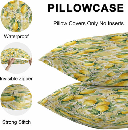 Outdoor Pillow Covers 18x18 Pack of 2, Summer Lemon Country Leaves Decorative Pillow Cover Waterproof Pillowcase, Yellow White Buffalo Check Farmhouse Cushion Covers for Garden Patio Sofa Couch Bench