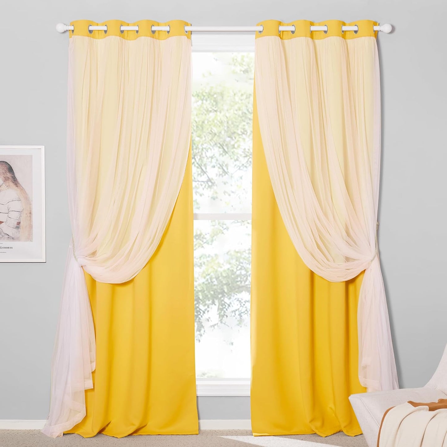 PONY DANCE Lemon Yellow Blakcout Curtains with White Sheer Overlay for Bedroom, Double Layer Grommet Drapes 84 Inches Long for Nursery/Living Room, 2 Panels Set with 4 Tiebacks, 52" W x 84" L