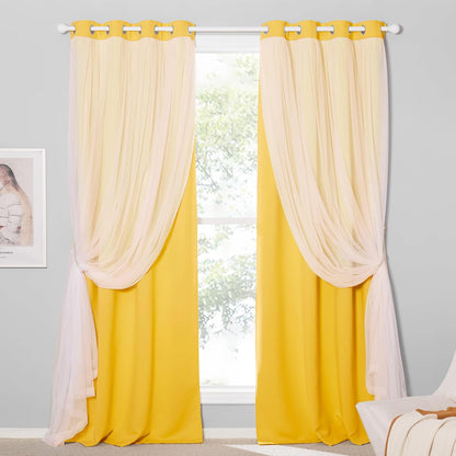 PONY DANCE Lemon Yellow Blakcout Curtains with White Sheer Overlay for Bedroom, Double Layer Grommet Drapes 84 Inches Long for Nursery/Living Room, 2 Panels Set with 4 Tiebacks, 52" W x 84" L