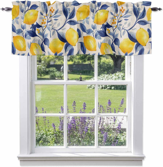 Teamery Valance Curtains for Kitchen Windows Vintage Lemon Blue Leaves on Linen Rod Pocket Valance Watercolor Botanical Short Window Curtain Topper for Bedroom Living Room Bathroom 42x12in,1 Panel