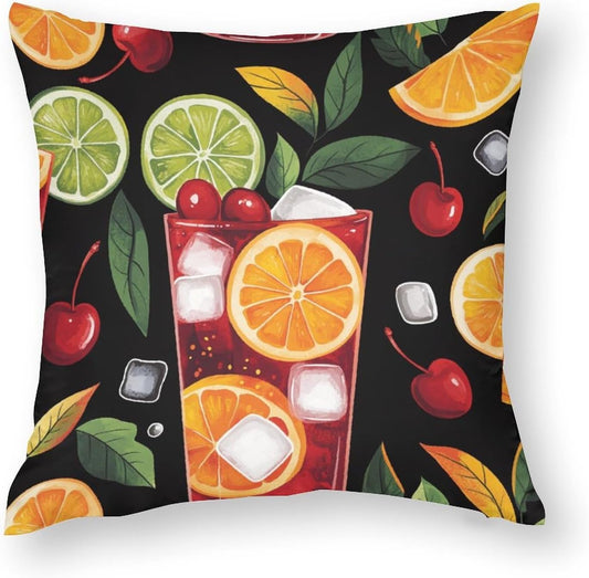 Cartoon Lemon Cocktail Throw Pillow Covers for Living Room Bedroom, Rustic Summer Fruit Drink Pillowcases Outdoor Cushion Case for Couch Sofa Bed, 12x12 inch