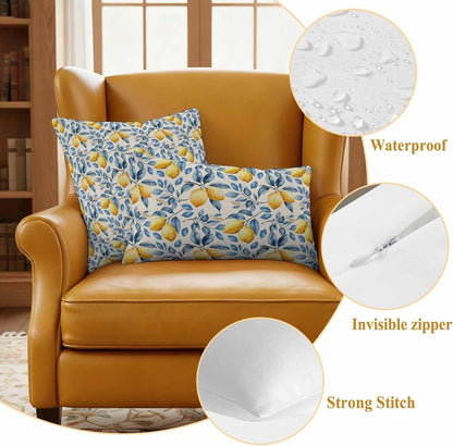 Outdoor Waterproof Throw Pillow Covers, Lemon Decorative Pillow Cases, Spring Summer Pastoral Fruit Leaf Branch Couch Pillow Protector Patio Sofa Cushion Covers Replacement 20"x12" 2 Pack