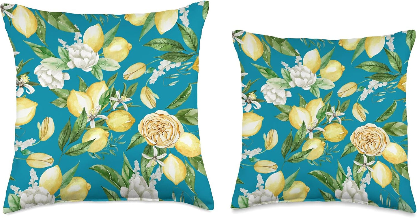 Summer by Vine Mercantile Turquoise-Amalfi Lemon Blossom Watercolor Citrus Pattern Throw Pillow, 18x18, Multicolor