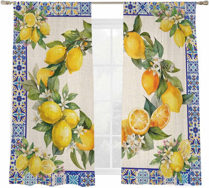 Summer Lemons Semi Sheer Curtains 72 inch length 2 panels set Vintage Yellow Fruit Flower Blue Ethnic Plaid Kitchen Curtains Rod Pocket Sheer Drapes for Bedroom Living Room, Voile Window Treatment