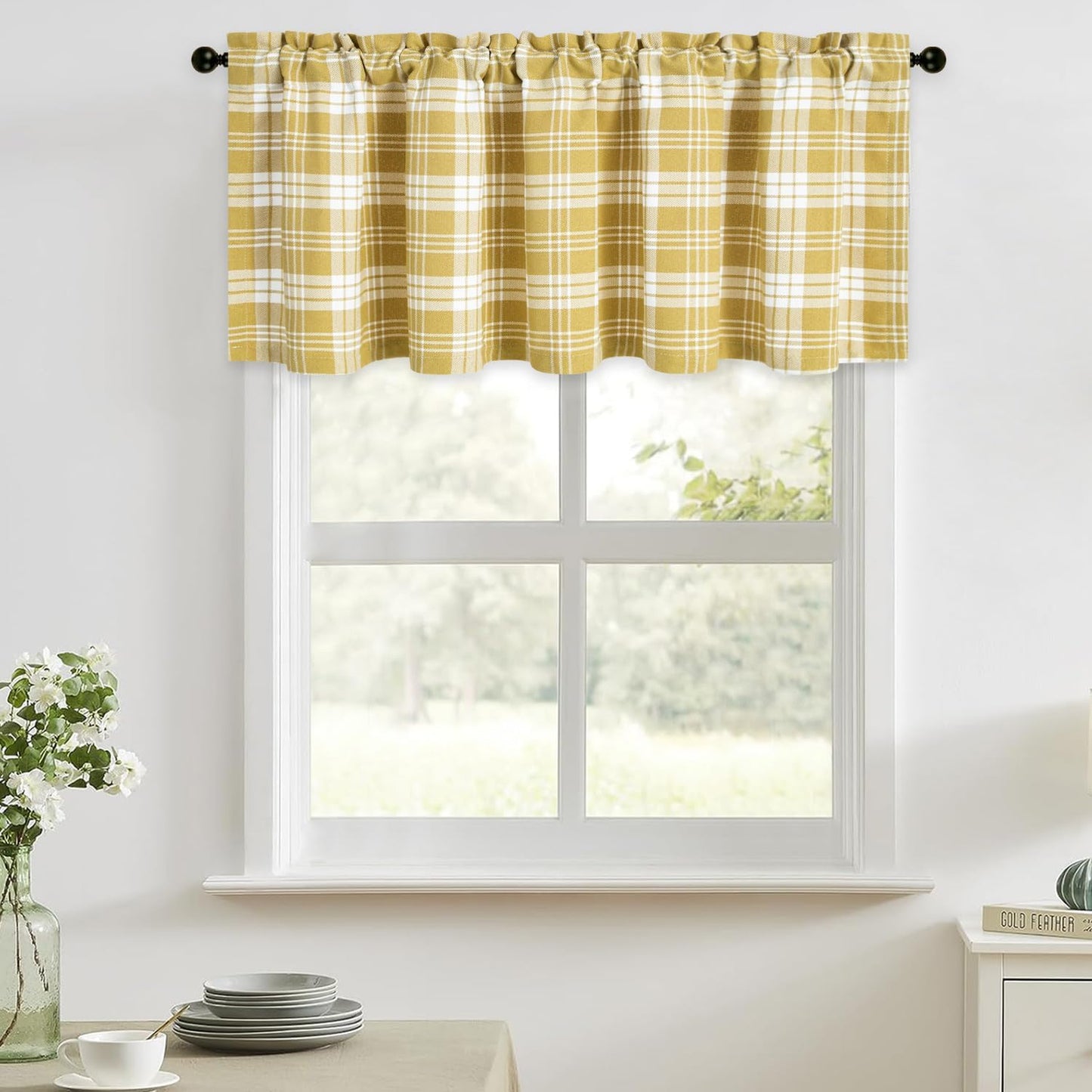VOGOL Yellow Buffalo Check Jacquard Kitchen Valance, 52 x 18, 1 Panel | Jacquard Weave, Light Filtering Privacy, Easy to Hang, Curtain Valance for Kitchen, Bathroom and Small Windows