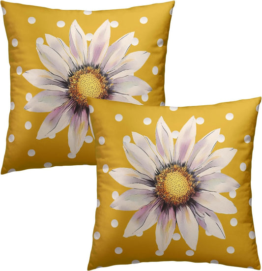 18"x18" Watercolor Daisy Flower Pillow Covers Set of 2 White Yellow Polka Dots Cotton Throw Cushion Cover Spring Summer Floral Square Pillowcases for Sofa Couch Indoor Outdoor Decor