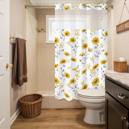 Floral Shower Curtain with No Hooks Snap in Liner Set, Yellow Flower Spring Bath Curtains See Through Sheer Top Window for Bathroom Hotel Style Decor,54"x78"