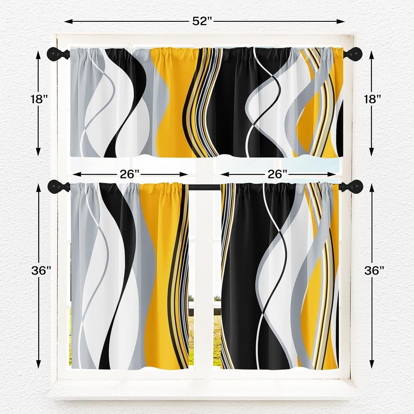 Yellow Grey White Black Kitchen Window Curtains Valance and Tier Set 36 Inch, Geometric Lines Abstract Rod Pocket Short Tier Curtain for Bathroom, Modern Small Cafe Drapes for Kitchen Decor