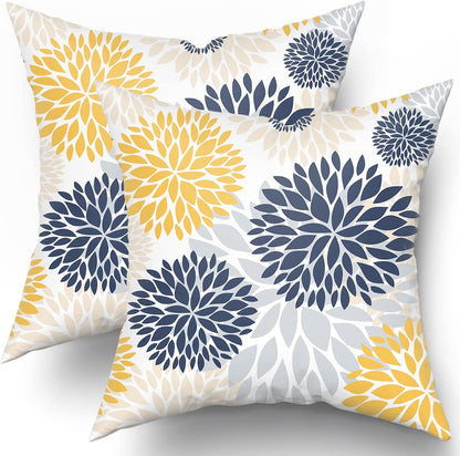 Kawani Navy Blue and Yellow Throw Pillows Covers 18x18 Set of 2, Gray Dahlia Flower Pillow Cushion Cases, Floral Decor Throw Pillows Cover Gifts for Bed Couch Sofa Living Room