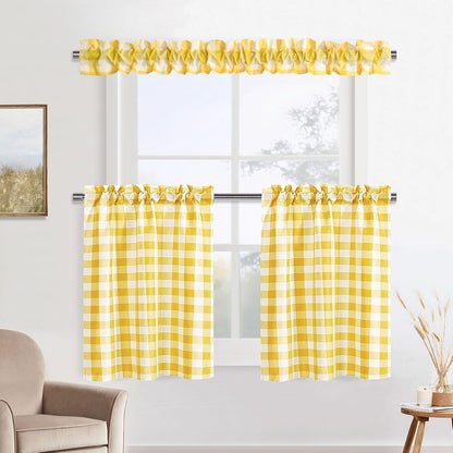 XWZO Sleeve Topper with Top Bottom Ruffle Sleeves Valances Home Décor Window Treatment Bedroom Nursery Kitchen Window Curtain Header, 58" x 5",1 Piece, Checkered-Yellow & White