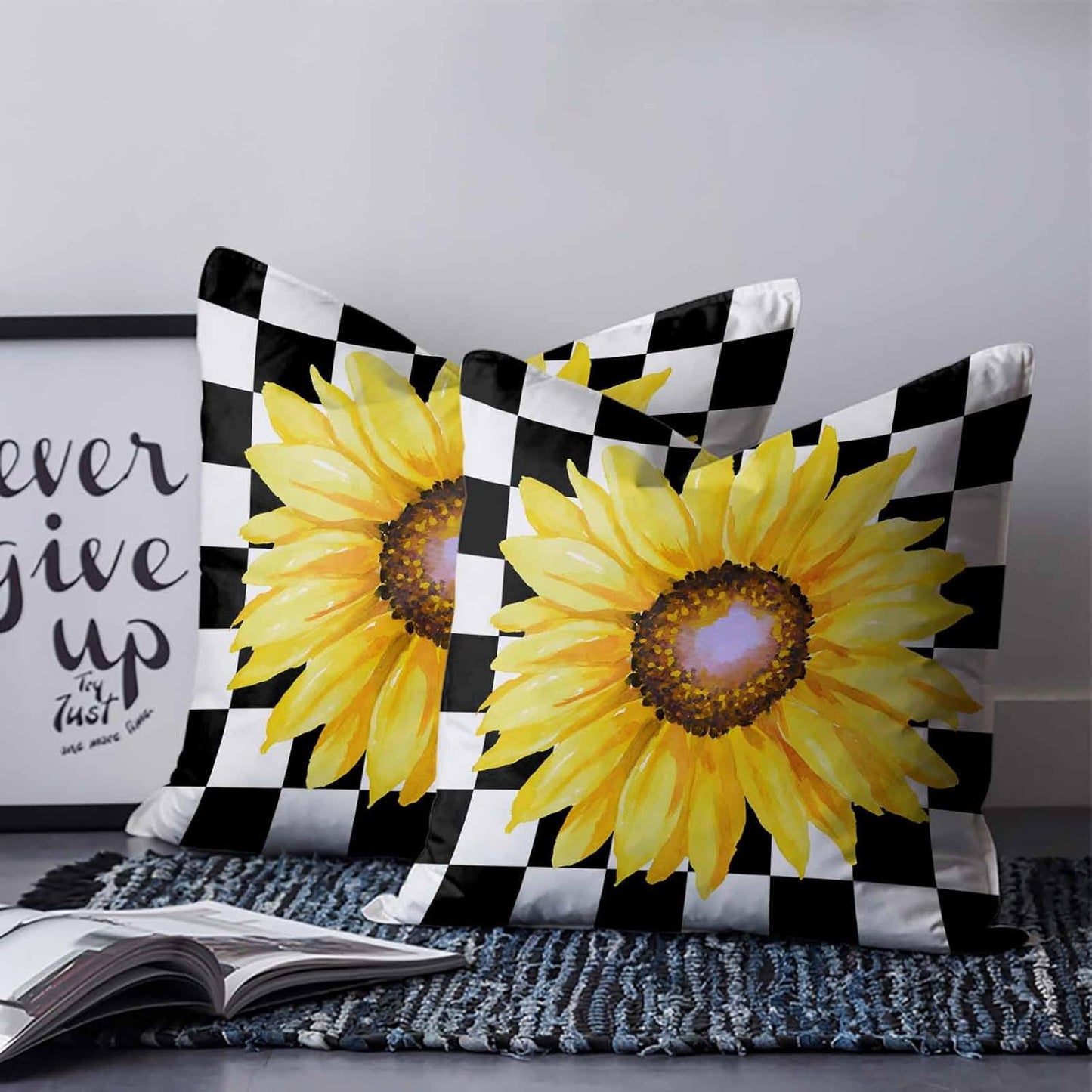 Pillow Covers 20x20 Set of 2, Sunflower Square Throw Pillow Covers for Couch/Sofa/Living Room, Yellow Fall Floral Black White Lattice Check Decorative Soft Pillowcases for Couch Throw Pillows