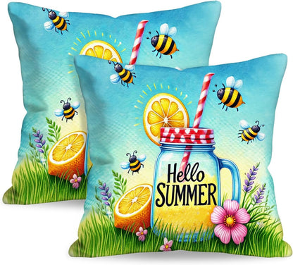 BlissYard Hello Summer Lemon Throw Pillow Covers 18x18 Set of 2 Decorative Pillow Covers Bee Lemonade Summer Cushion Covers Farmhouse Summer Pillow Covers for Couch Sofa Living Room Home Decor