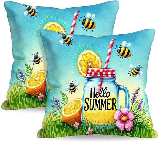 BlissYard Hello Summer Lemon Throw Pillow Covers 18x18 Set of 2 Decorative Pillow Covers Bee Lemonade Summer Cushion Covers Farmhouse Summer Pillow Covers for Couch Sofa Living Room Home Decor