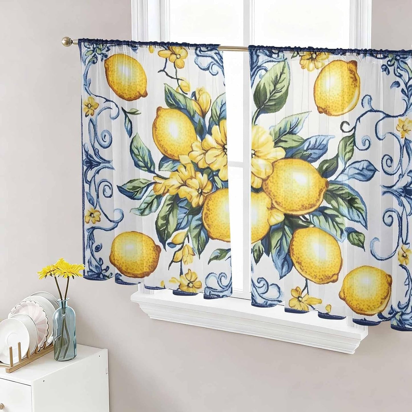 Yellow Lemon Semi Sheer Curtains 45 inch Length 2 Panels Set Middle Century Blue Italian Textured Kitchen Curtains Rod Pocket Sheer Drapes for Bedroom Living Room, Voile Window Treatment