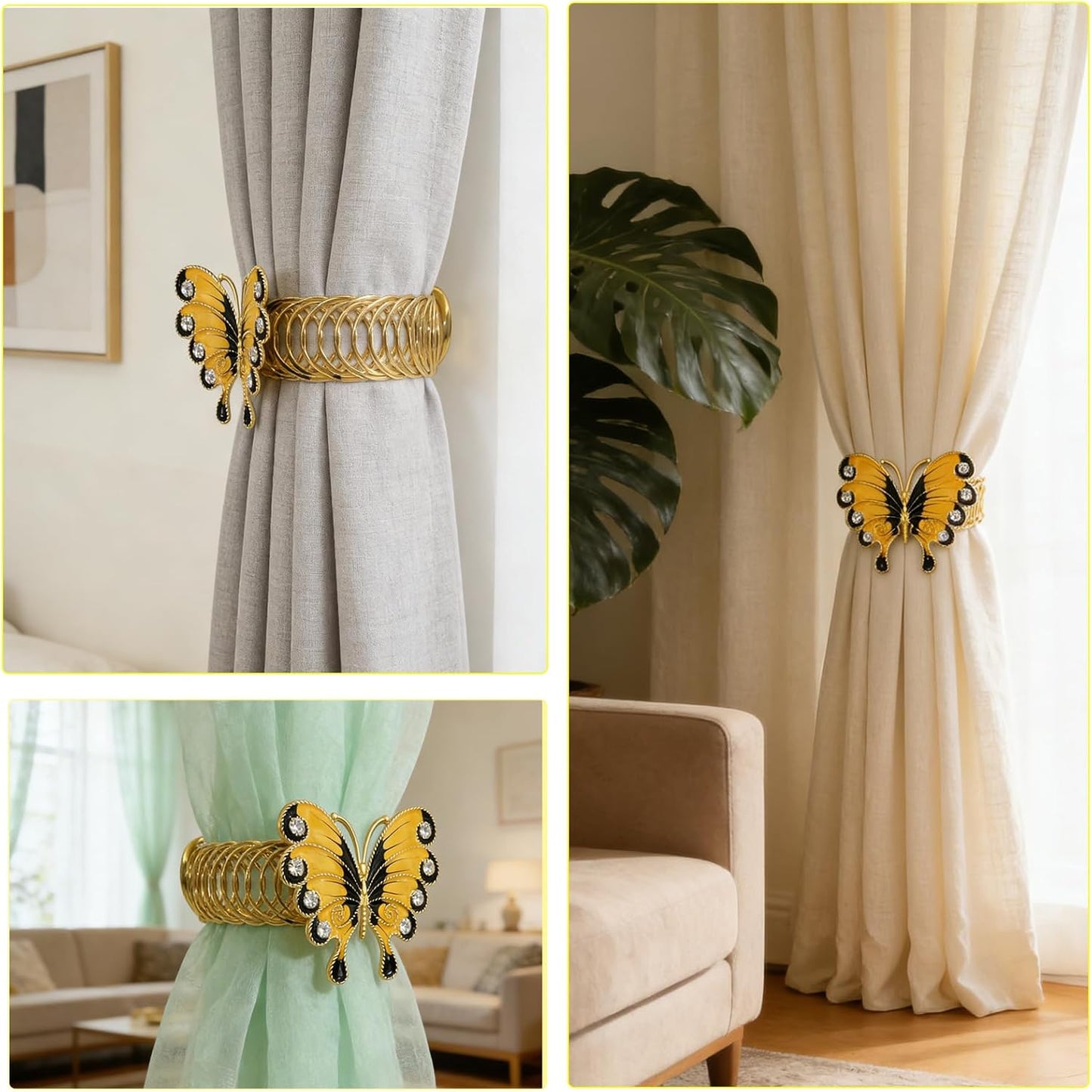 Butterfly Curtain Tiebacks 2 Pack Yellow Enamel & Rhinestone Insect Curtain Holdbacks,No Drill Curtain Ties Auto-Closing,Boho Curtain Tie Backs for Farmhouse Kitchen Living Room Bedroom Decor