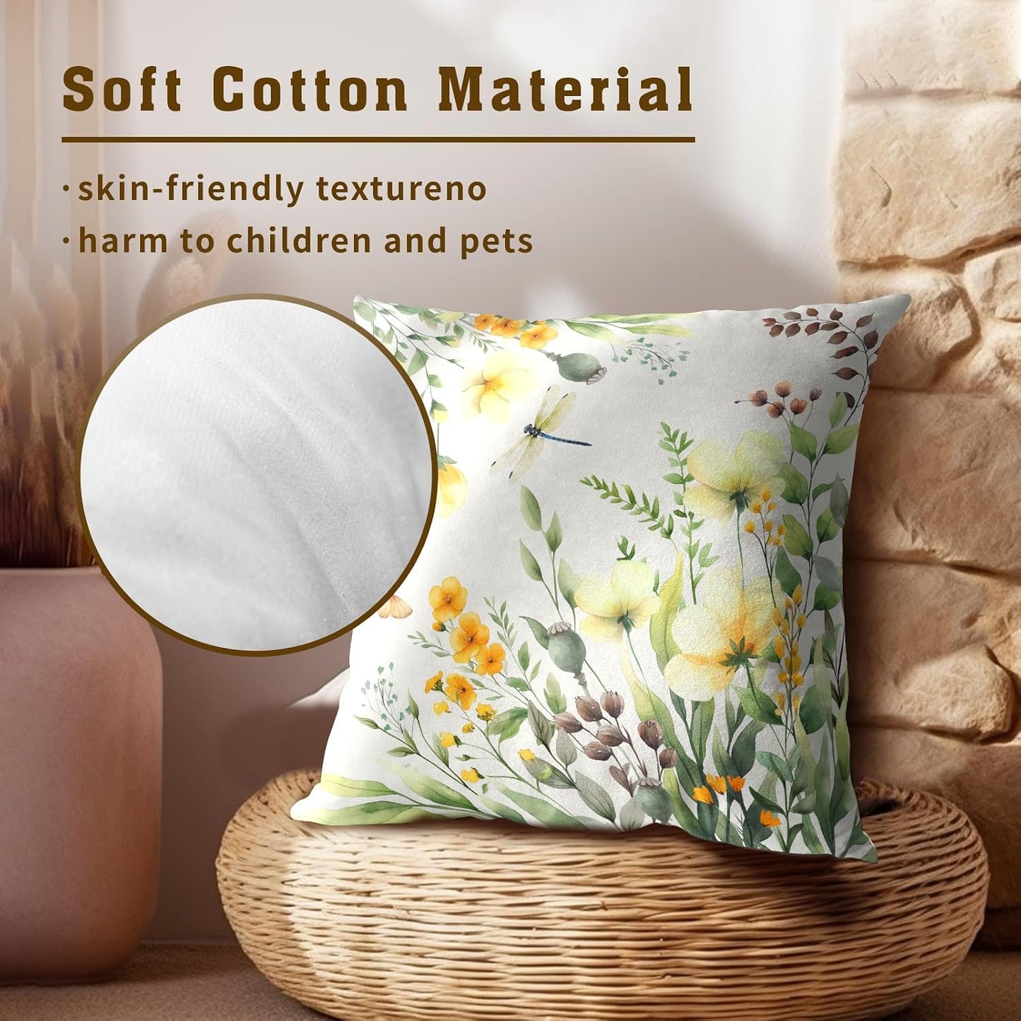 Spring Sage Green Leaf and Flowers Pillowcase Set of 2 Yellow Floral Decor Throw Pillows 16x16 Inch Spring/Summer Eucalyptus Square Pillow Cushion Covers for Home Living Room Bed Sofa Outdoor Couch