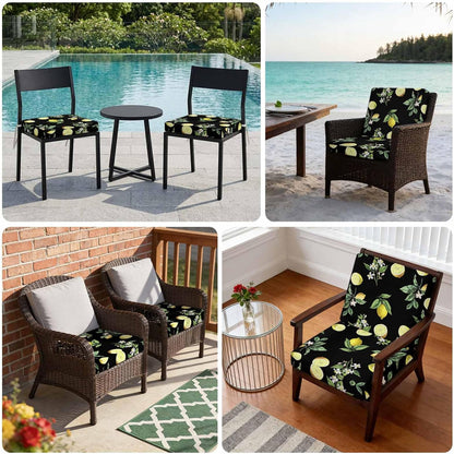 Yellow Lemon Summer Indoor/Outdoor Seat Cushions Cover, Farmhouse Tropical Fruit Black Waterproof Patio Chaise Lounge Cushion Cover for Beach Pool Side Chair Cushions 20''x18''x2pcs
