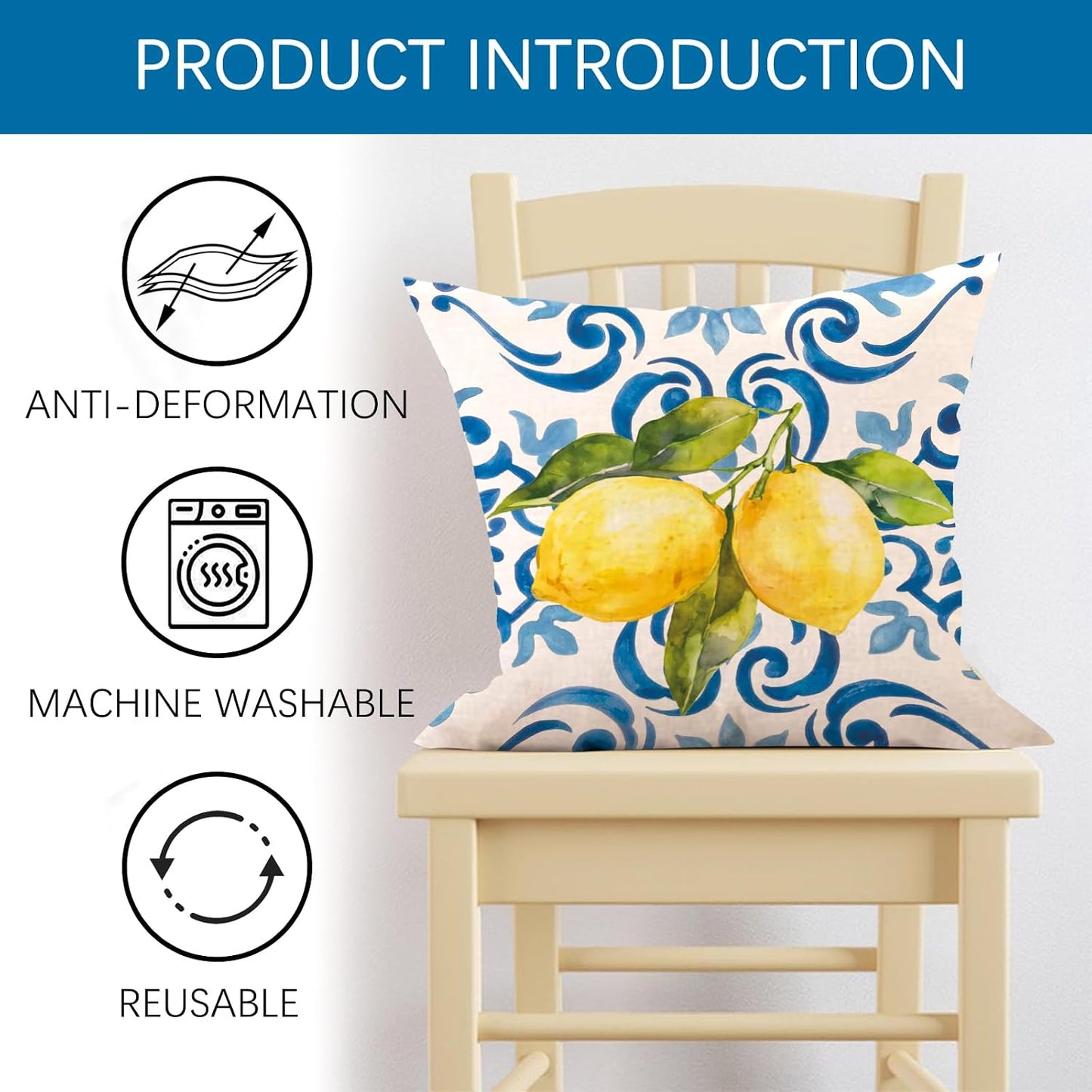 Lemon Italy Tile Pattern Decorative Throw Pillow Cover 18 x 18, Blue Italian Amalfi Coast Citrus Porch Outdoor Home Decor, Spring Summer Mediterranean Sofa Couch Cushion Case