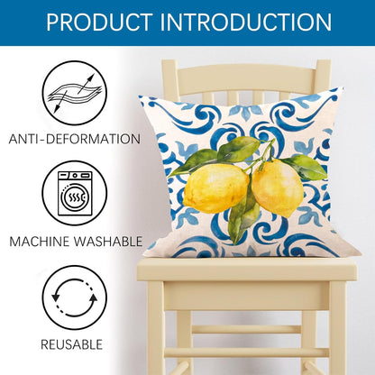 Lemon Italy Tile Pattern Decorative Throw Pillow Cover 18 x 18, Blue Italian Amalfi Coast Citrus Porch Outdoor Home Decor, Spring Summer Mediterranean Sofa Couch Cushion Case