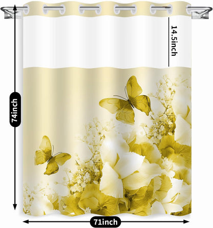 No Hook Yellow Shower Curtain with Snap in Fabric Liner Set,Nature Double Layers Waterproof Fabric,Flowers and Butterfly Shower Curtains for Bathroom Clearance 71x74