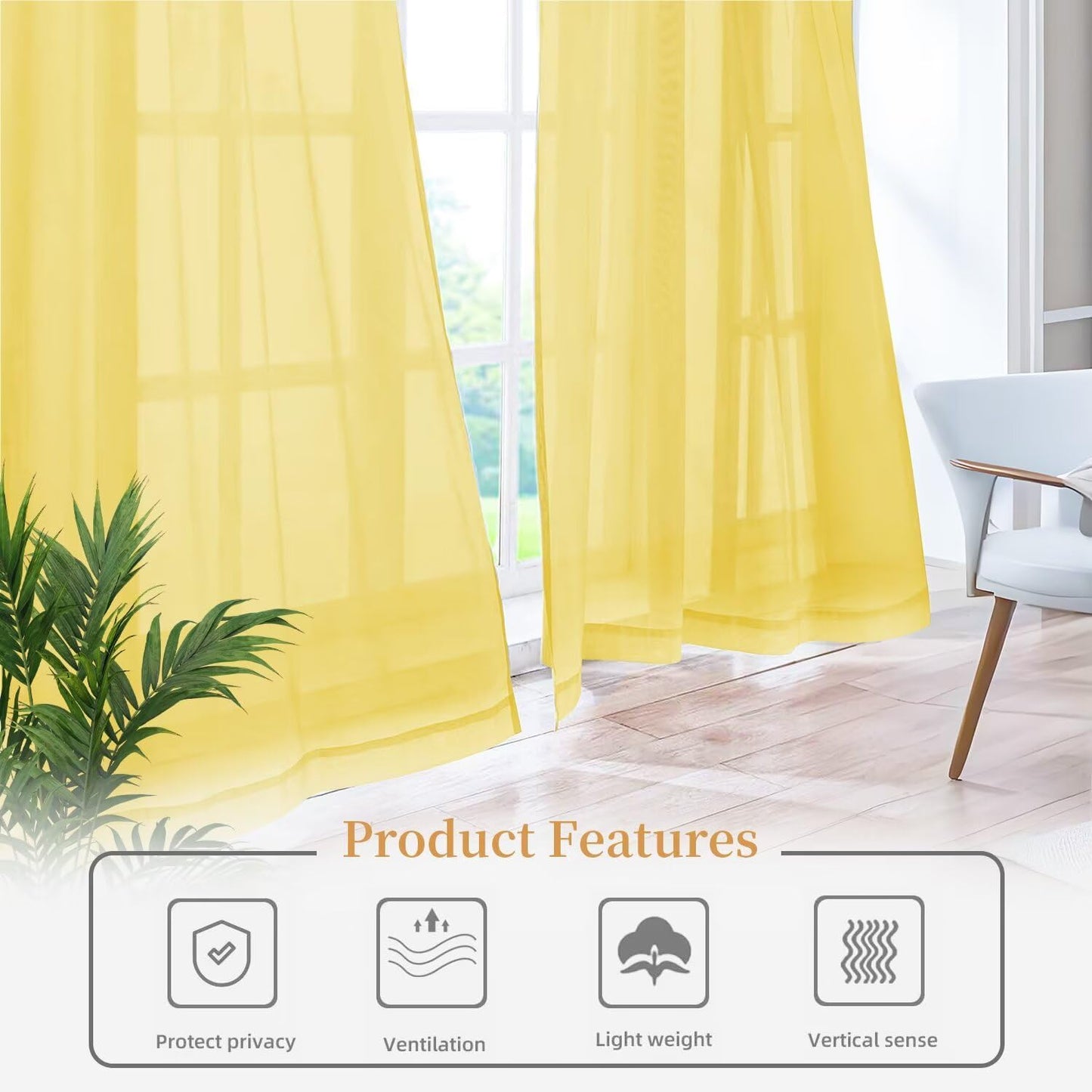 Sheer Curtains 45 Inches Long 2 Panels, Rod Pocket Short Curtain for Kitchen, Bedroom, Cafe Window(Yellow 38" W x 45" L)