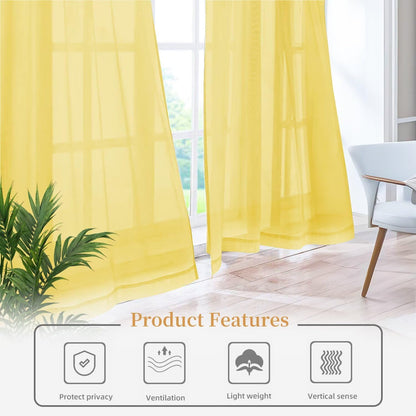 Sheer Curtains 45 Inches Long 2 Panels, Rod Pocket Short Curtain for Kitchen, Bedroom, Cafe Window(Yellow 38" W x 45" L)
