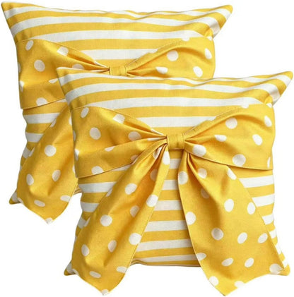 Yellow Big Bows Throw Pillow Covers Set of 2, Linen Pillow Covers with Striped Polka Dot Print, Spring Summer Decorative Cushion Cases for Safa Couch Home Decor, Yellow-Dot, 18X18 Inch