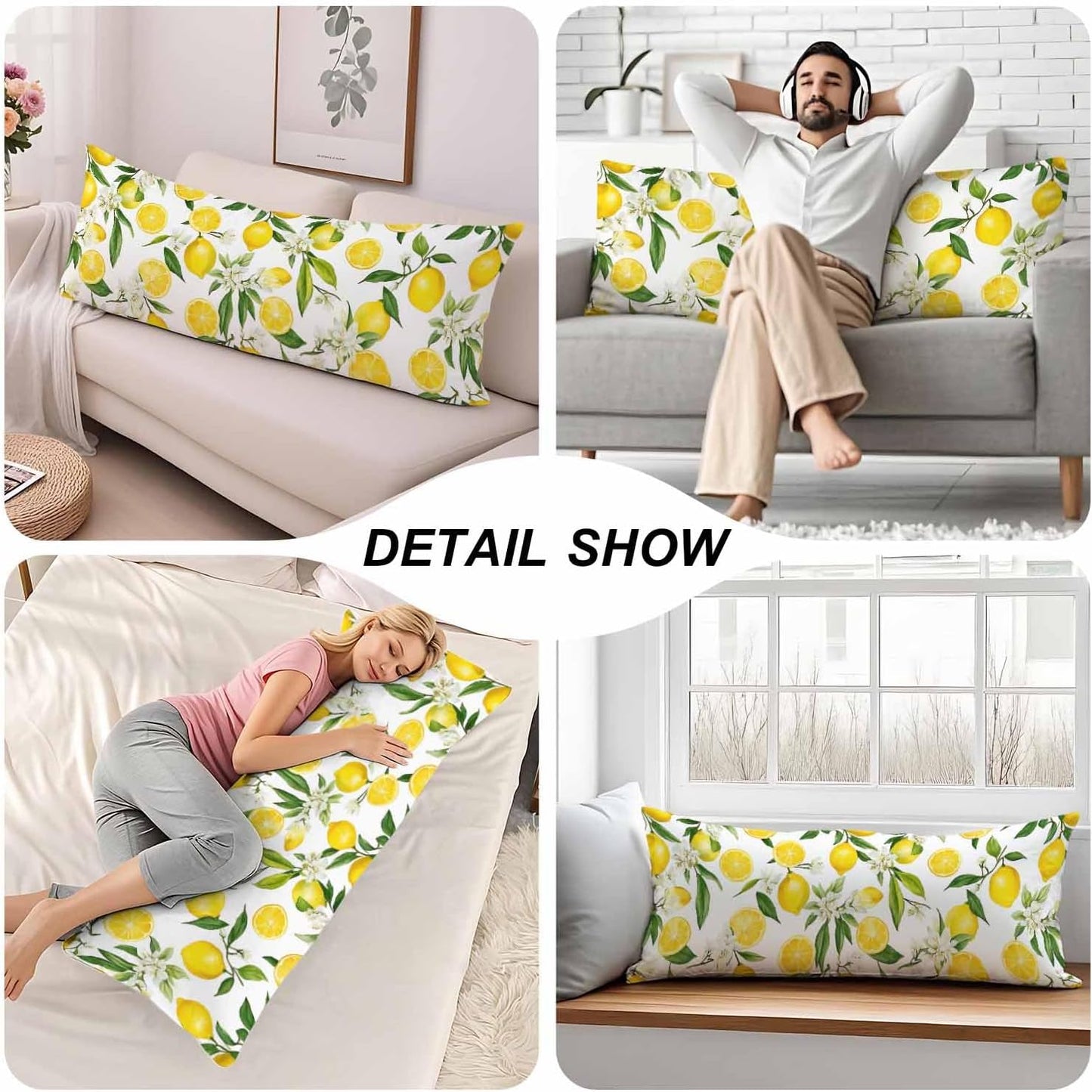 Decorative Home Body Pillow Covers Lemon, Floral Lemon Yellow Breathable Pillow Cushion Cases Lumbar Body Pillow Cover Soft Body Pillowcase for Bedroom Couch Sofa 20x54 Inch