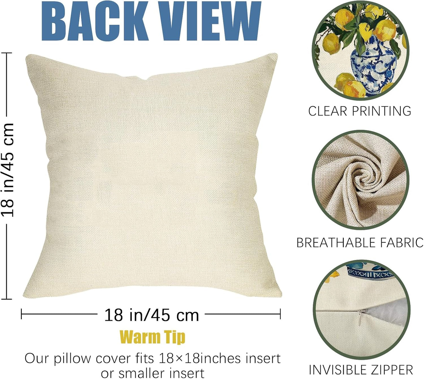 Fahrendom Italy Capri Lemon Decorative Throw Pillow Covers 18 x 18 Set of 4, Italian Amalfi Coast Citrus Blue and White Porcelain Pillowcase, Summer Mediterranean Sofa Couch Cushion Case Home Decor
