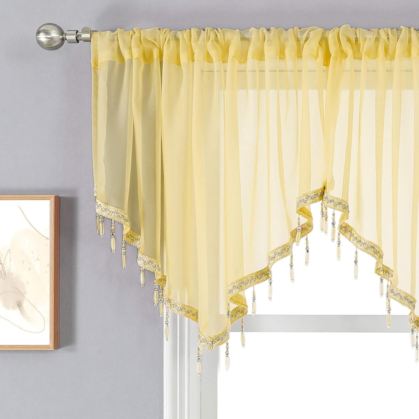 WUBODTI Yellow Sheer Valance Curtains for Living Room Windows, Boho Crystal Beaded Tassel Triangle Kitchen Curtains Lace Swag Curtain Valance for Bedroom Bathroom Door Decor,1PC, W51 x L24
