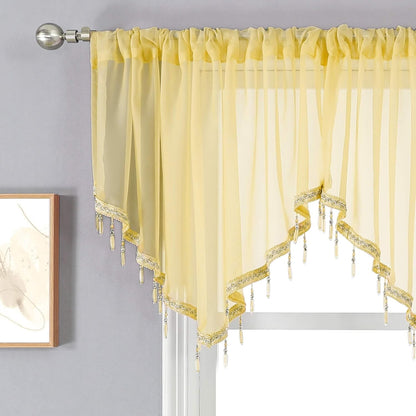 WUBODTI Yellow Sheer Valance Curtains for Living Room Windows, Boho Crystal Beaded Tassel Triangle Kitchen Curtains Lace Swag Curtain Valance for Bedroom Bathroom Door Decor,1PC, W51 x L24