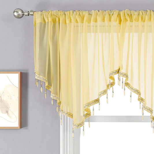 WUBODTI Yellow Sheer Valance Curtains for Living Room Windows, Boho Crystal Beaded Tassel Triangle Kitchen Curtains Lace Swag Curtain Valance for Bedroom Bathroom Door Decor,1PC, W51 x L24