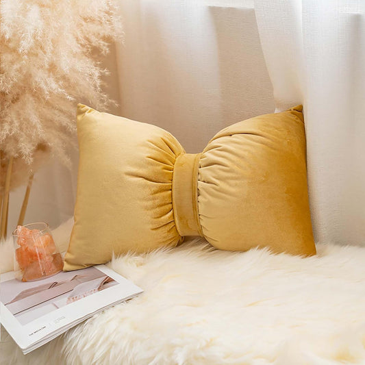 Bow Shaped Throw Pillow Bow Pillow Big Bow Throw Pillow Soft Velvet Pillow Plush Cushion Decorative Pillow for Bed Couch Living Room Decor,Yellow
