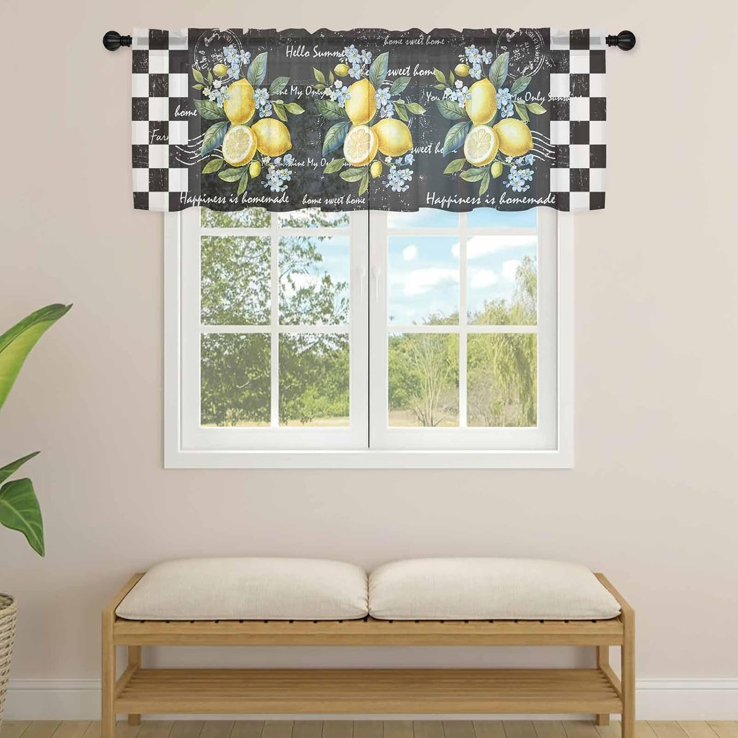 Summer Lemon Sheer Curtain 18 Inch Long Farm Plant Floral Leaf Black White Plaid Retro Light Filtering Rod Pocket Voile Curtain Valance for Bedroom Kitchen Cafe Window 54" W x 18" L