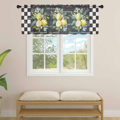 Summer Lemon Sheer Curtain 18 Inch Long Farm Plant Floral Leaf Black White Plaid Retro Light Filtering Rod Pocket Voile Curtain Valance for Bedroom Kitchen Cafe Window 54" W x 18" L