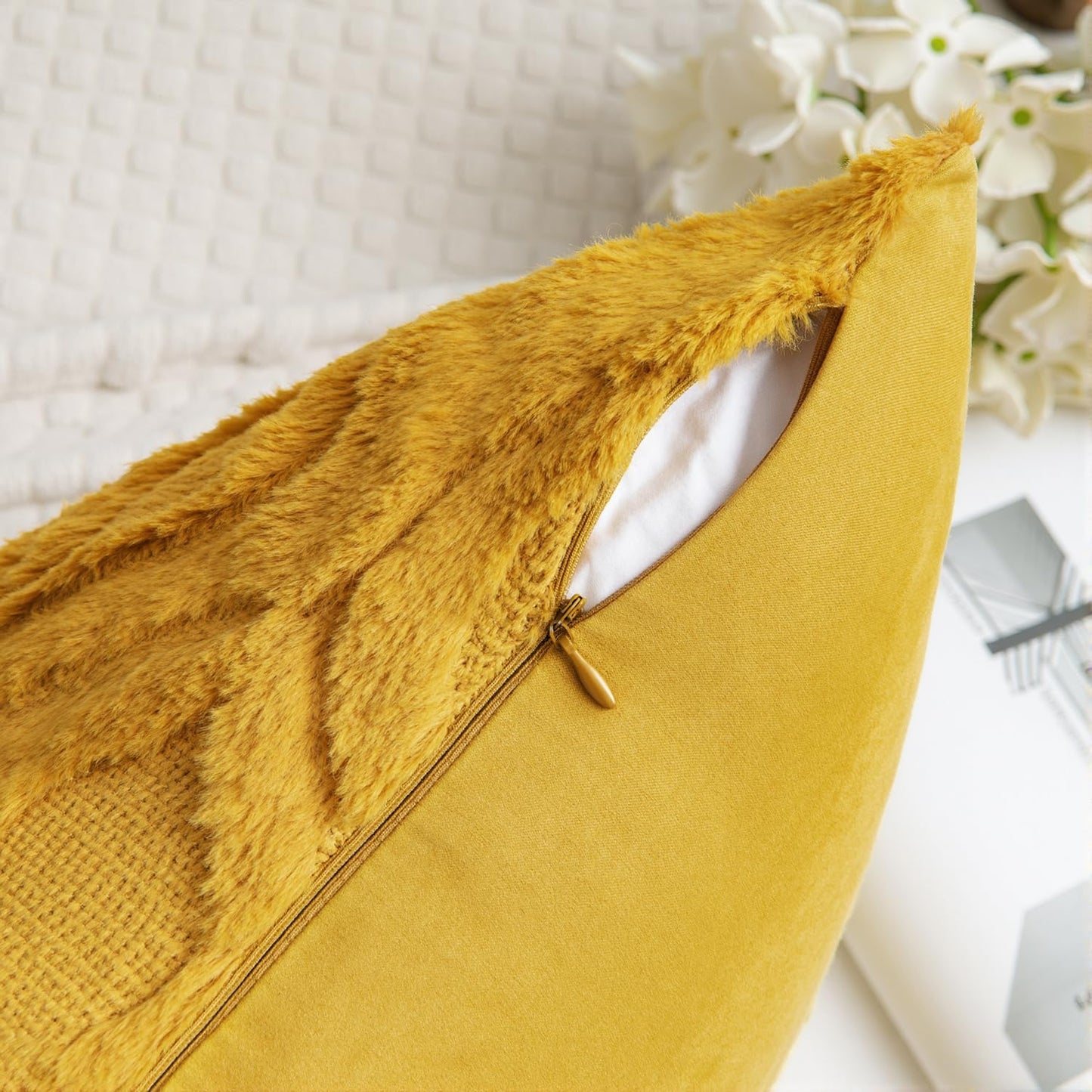 MIULEE Summer Mustard Yellow Throw Pillow Covers 18x18 Inch, Soft Plush Faux Wool Solid Couch Pillows Set of 2, Decorative Farmhouse Boho Cushion Covers for Sofa Living Room Bed Home Decor