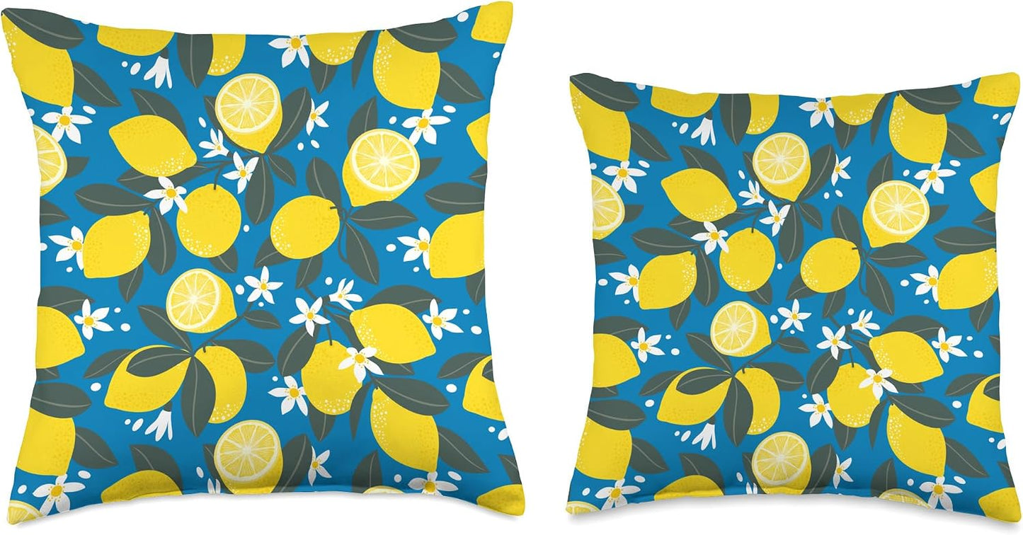 Summer by Vine Mercantile Bright Blue Amalfi Lemon Blossom Summer Citrus Fruit Pattern Throw Pillow, 18x18, Multicolor